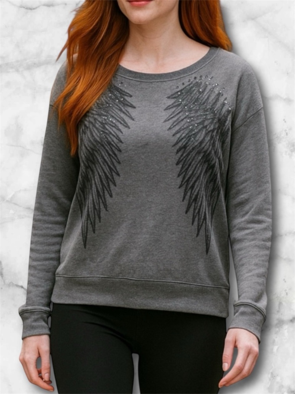 Rock & Republic Angel Wing Long Sleeved Sweatshirt Top Rhinestone Bling Size XS